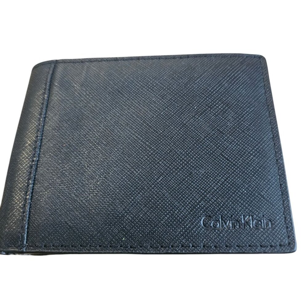 Calvin Klein Slim Mens Bifold Wallet Black Textured Leather Multiple Card Slots